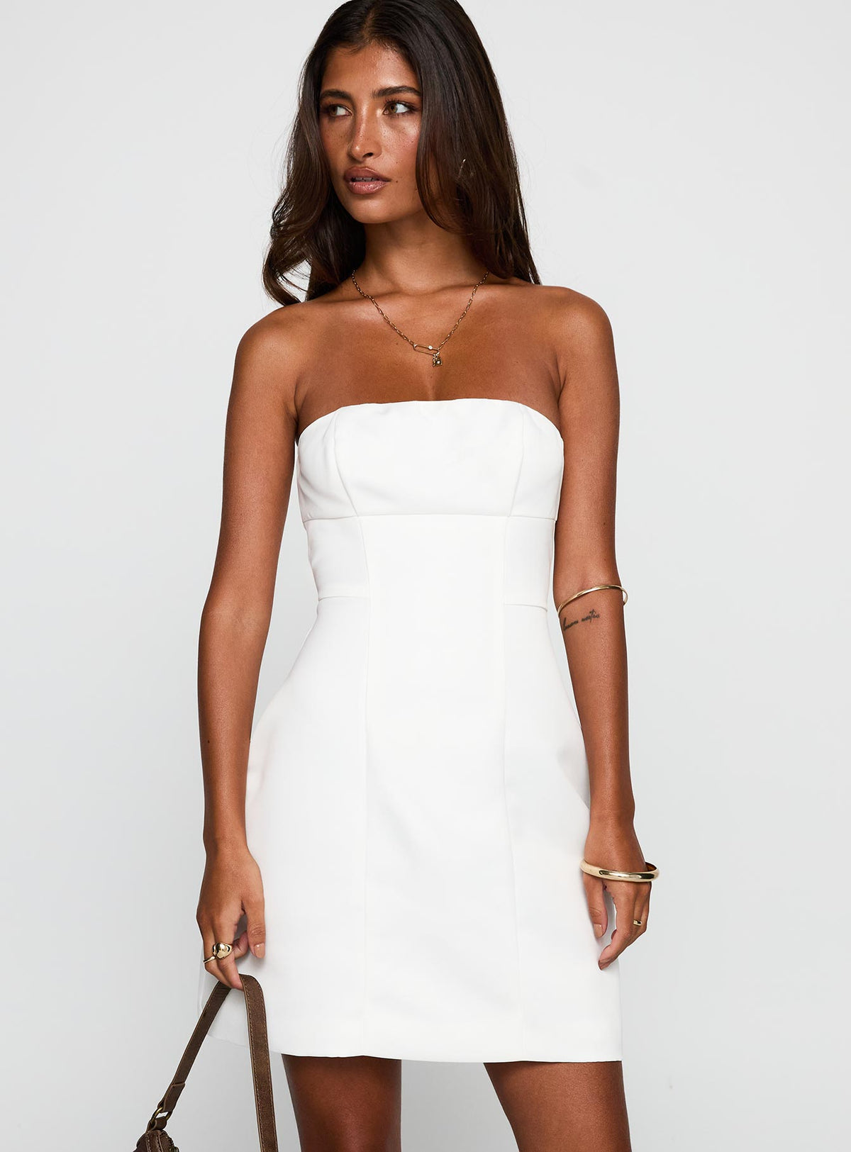 side view of model wearing Princess Polly Gywneira Strapless Mini Dress White Straight Neck 