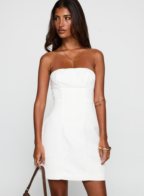 side view of model wearing Princess Polly Gywneira Strapless Mini Dress White Straight Neck 