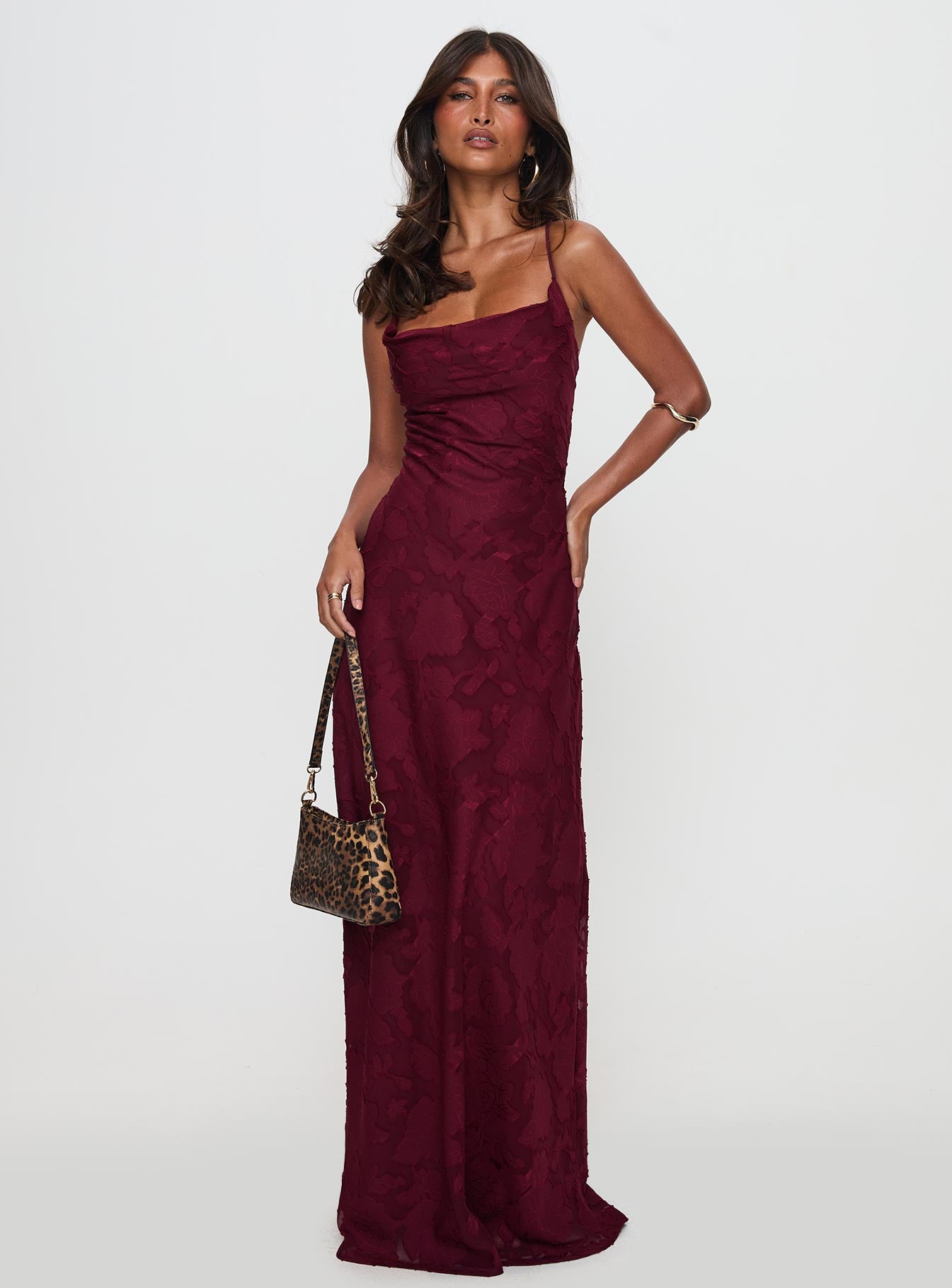 front view of model wearing Princess Polly Celena Maxi Dress Burgundy Cowl Neck 