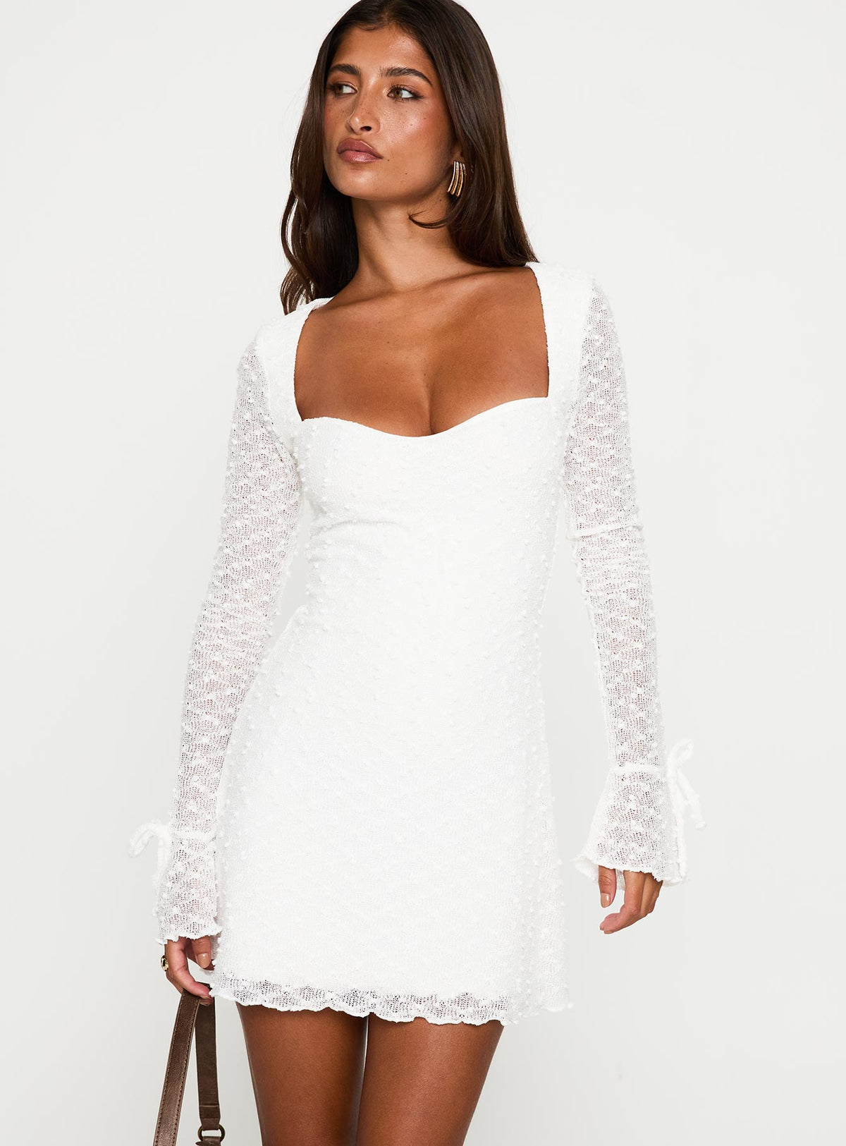 back view of model wearing Princess Polly Dalzine Long Sleeve Mini Dress White Sweetheart Neckline 