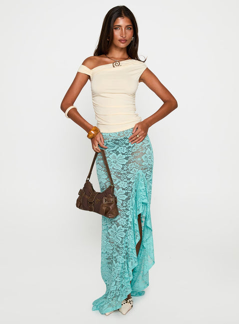   side view of model wearing Princess Polly Bluemoon Lace Maxi Skirt Blue Maxi Skirts Skirts 