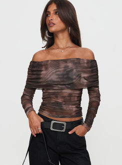 front view of model wearing Princess Polly Good Taste Off Shoulder Long Sleeve Top Multi Full Sleeves straight 