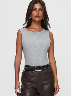 front view of model wearing Princess Polly Good Impression Button Up Bodysuit Grey Sleeveless Bodysuit 