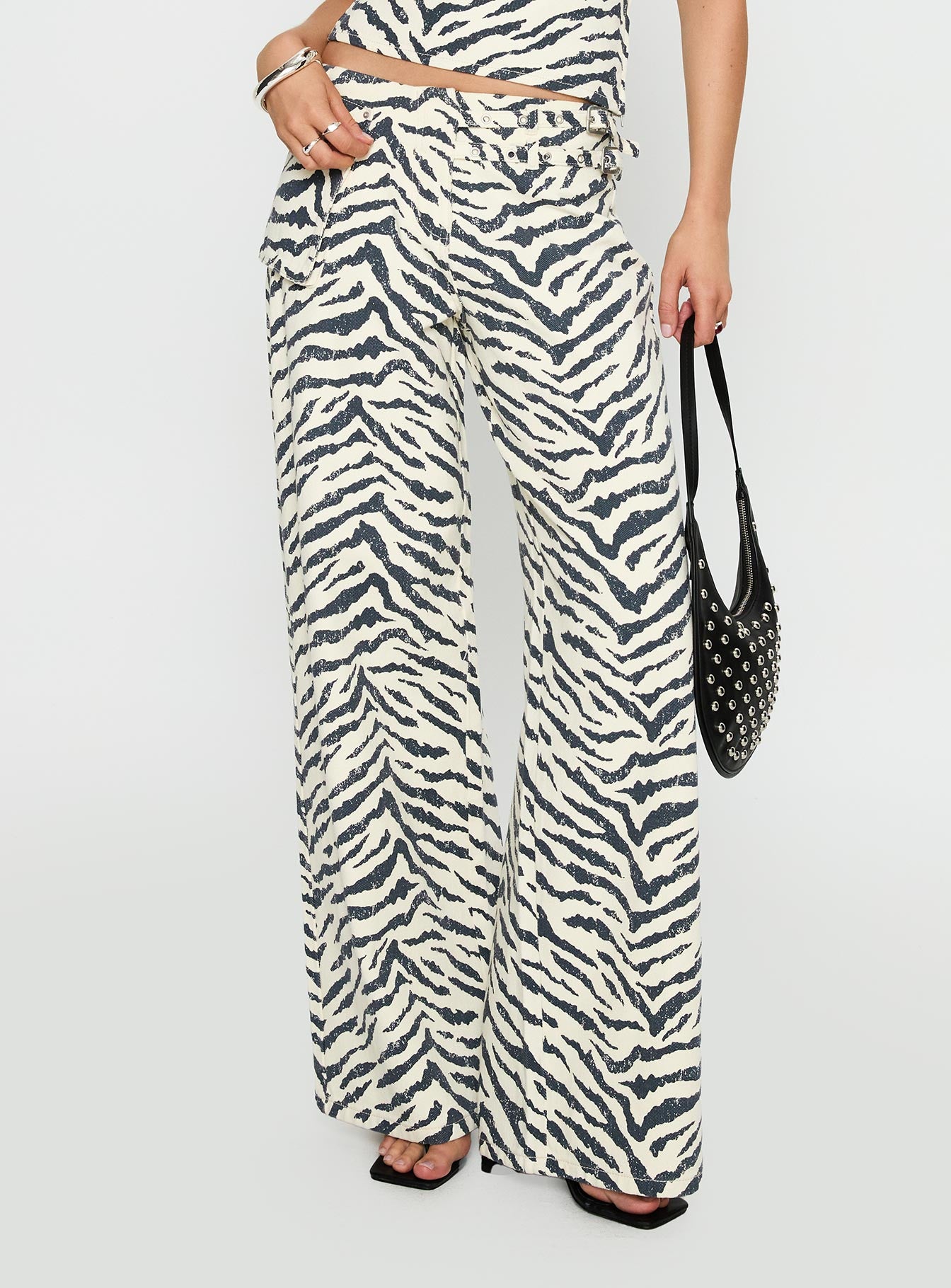 back view of model wearing Princess Polly Paltrow Cargo Pant Zebra High Waisted 