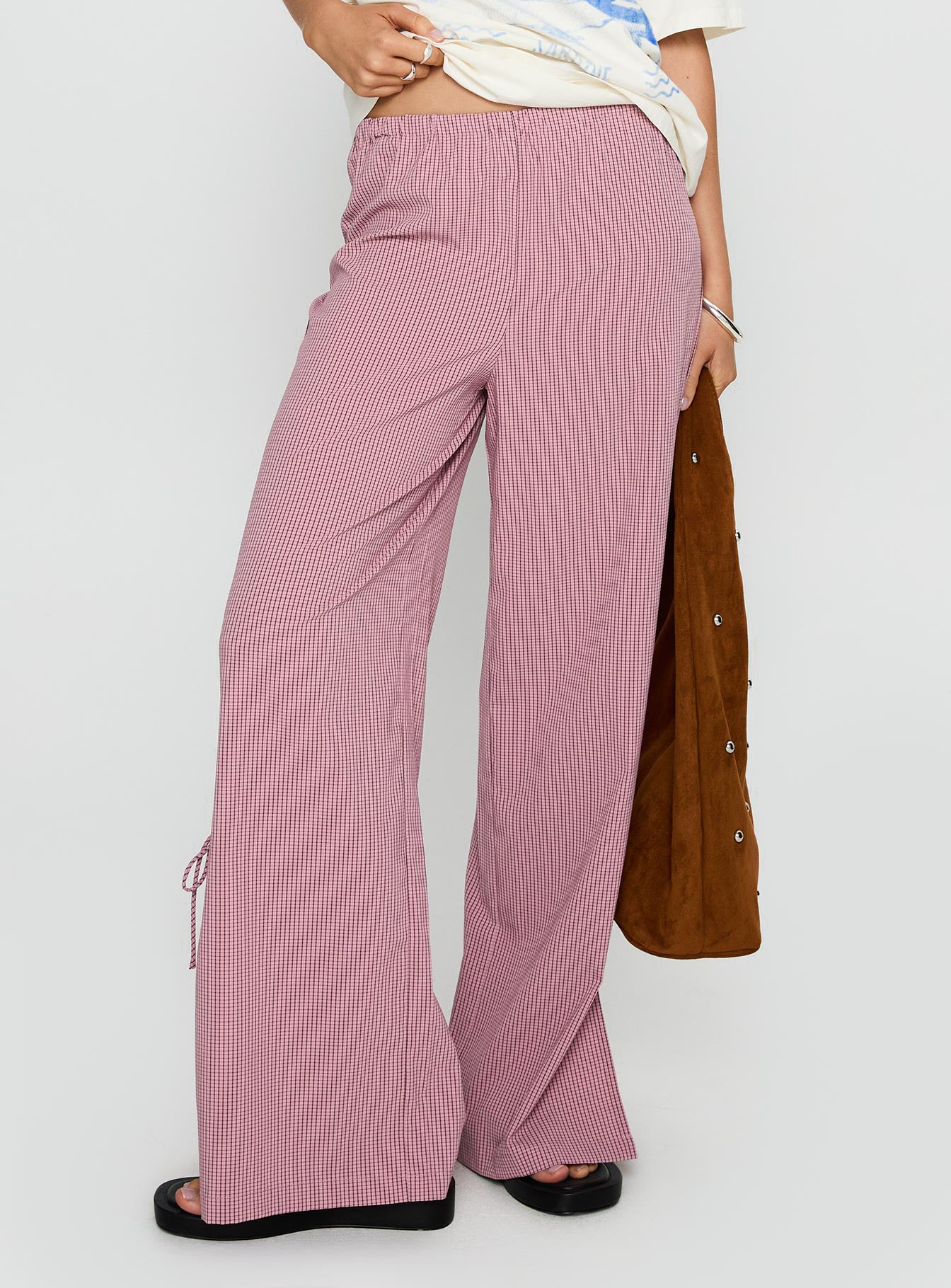 back view of model wearing Princess Polly Jinxie Tie Side Pants Pink Gingham High Waisted Pants 