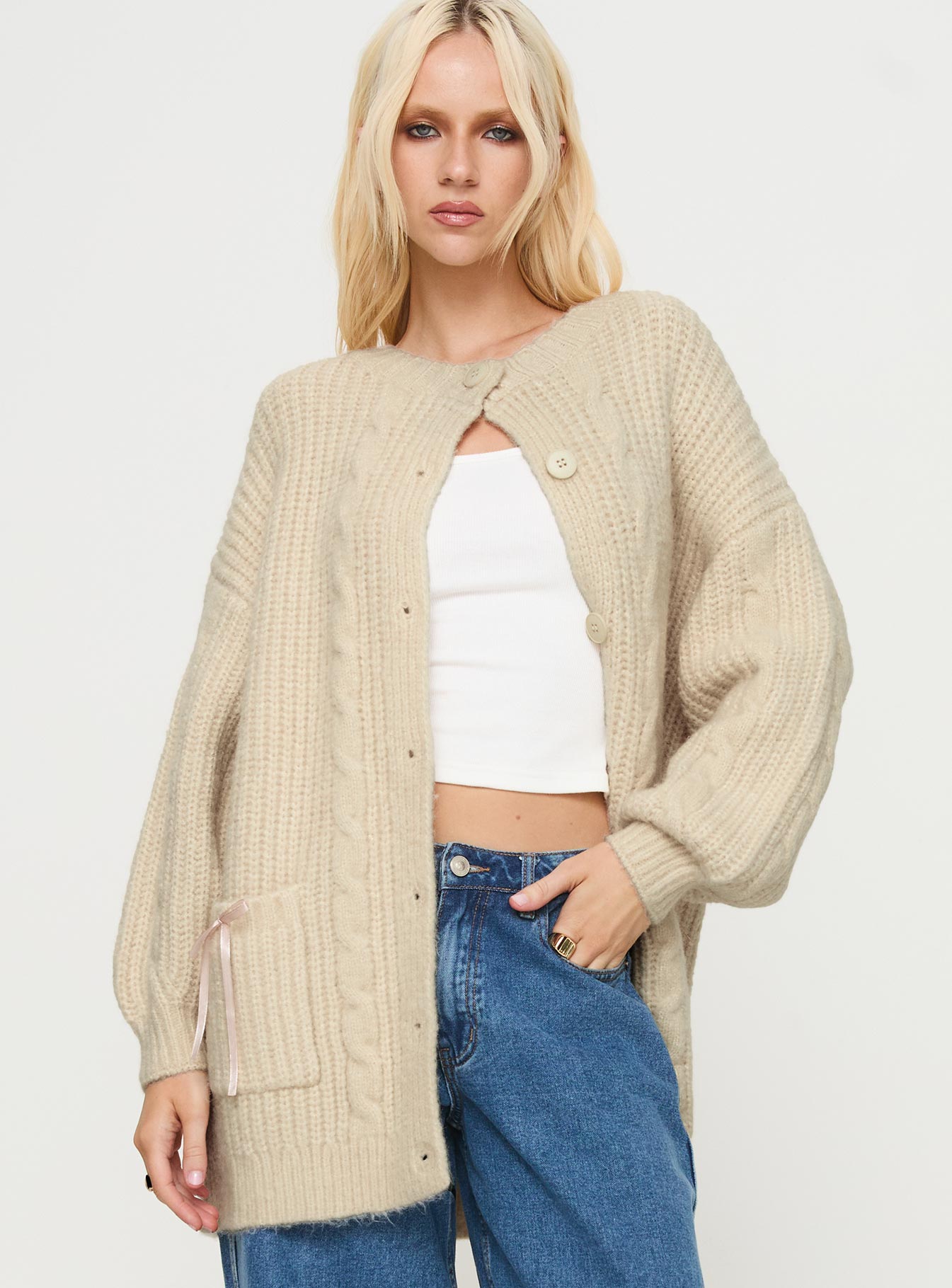 front view of model wearing Princess Polly Cameliah Knit Cardigan Cream Long 