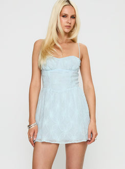 front view of model wearing Princess Polly Mckilah Mini Dress Blue Sweetheart Neckline 