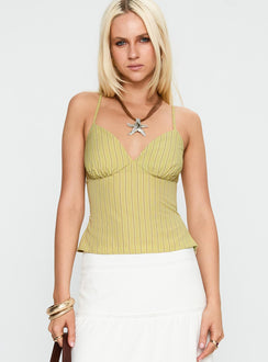 front view of model wearing Princess Polly Lucky Babe Cami Top Sage Stripe Sleeveless Plunger 