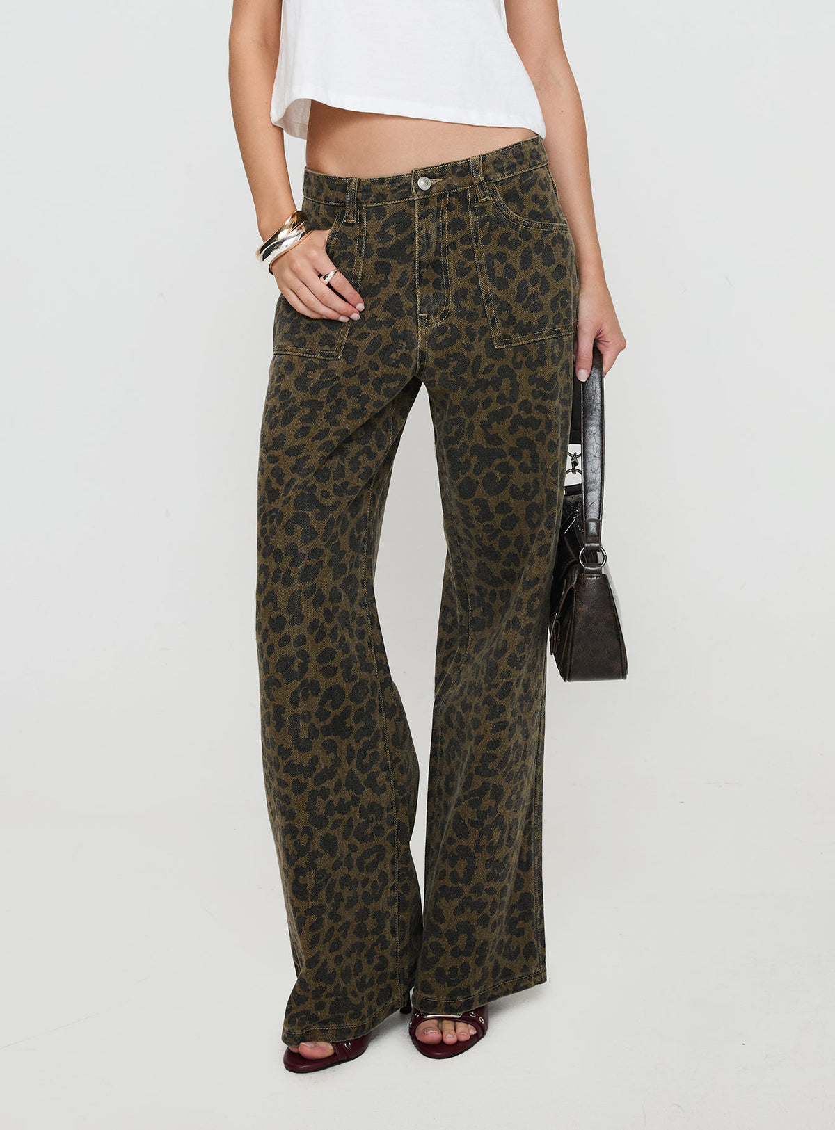 back view of model wearing Princess Polly Briony Jean Leopard Mid Rise 