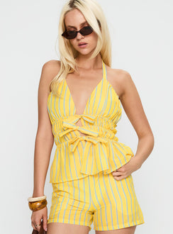 side view of model wearing Princess Polly Delicacy Tie Detail Top Yellow Stripe Sleeveless Plunger 