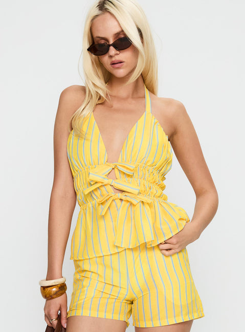 side view of model wearing Princess Polly Delicacy Tie Detail Top Yellow Stripe Sleeveless Plunger 