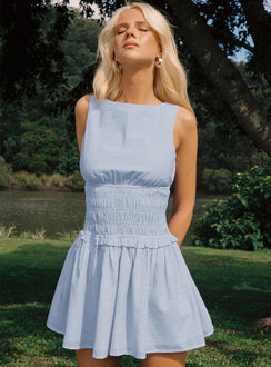 front view of model wearing Princess Polly Yennifer Shirred Mini Dress Blue / White Tall Boat Neck 