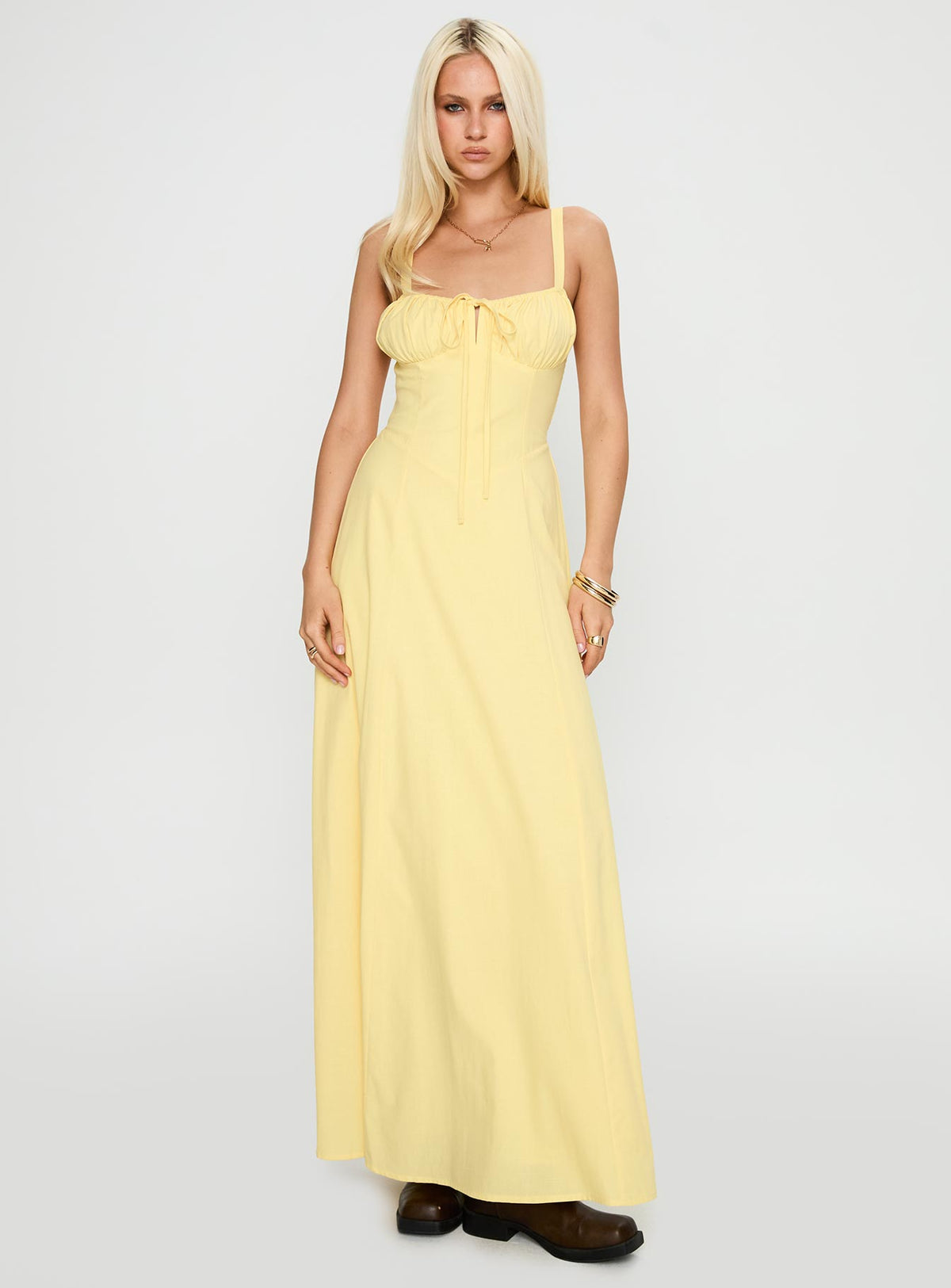 front view of model wearing Princess Polly Leticia Maxi Dress Lemon Sweetheart Neckline 