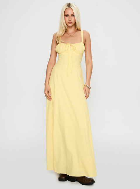 front view of model wearing Princess Polly Leticia Maxi Dress Lemon Sweetheart Neckline 