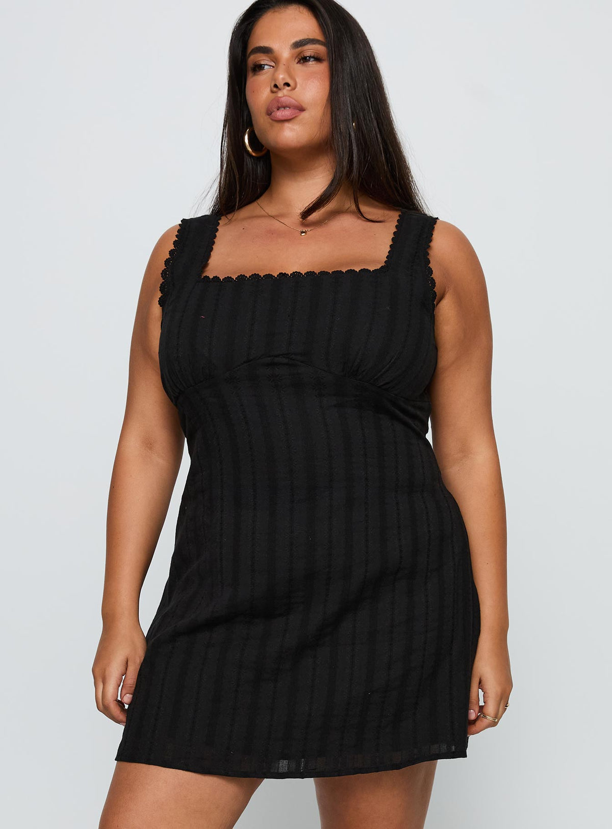 front view of model wearing Princess Polly Dasha Mini Dress Black Curve Square Neck 