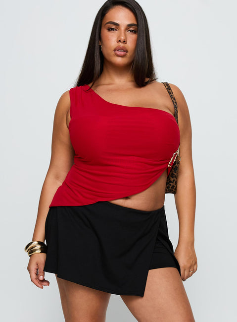 front view of model wearing Princess Polly For The Thrill Skort Black Curve High Waisted Shorts 