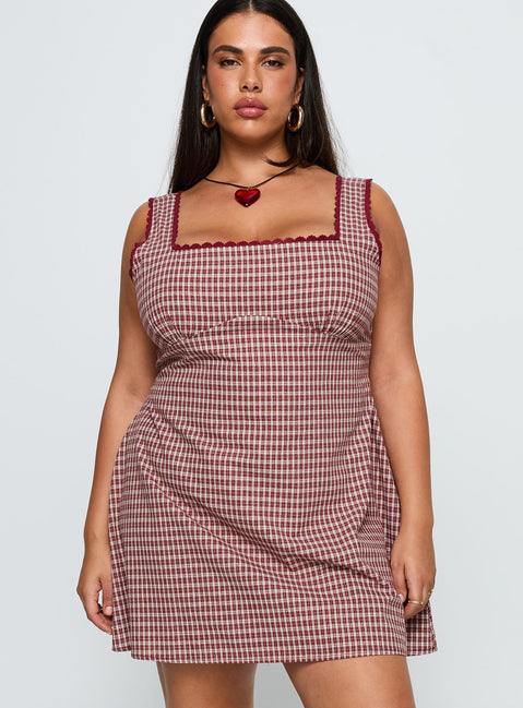 front view of model wearing Princess Polly Dasha Mini Dress Red Check Curve Square Neck 