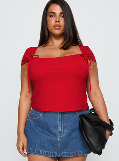 front view of model wearing Princess Polly Daena Tie Detail Top Red Curve Short Sleeves Square Neck 