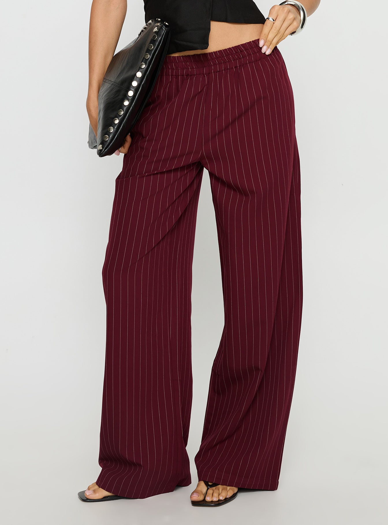 front view of model wearing Princess Polly Jaysa Baggy Wide Leg Pant Burgundy Pinstripe Mid Rise Pants Pants 