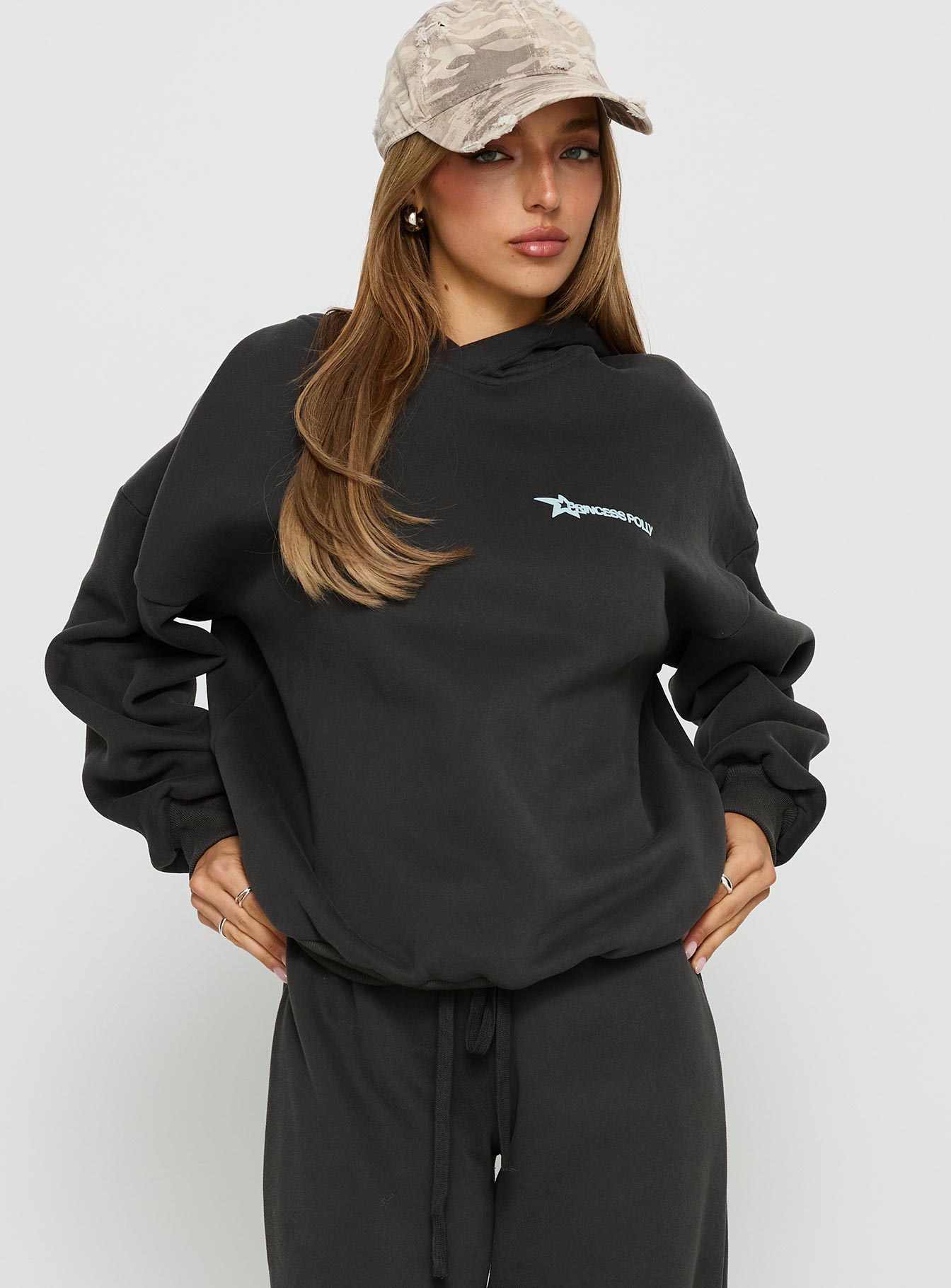 front view of model wearing Princess Polly Princess Polly Stargirl Hoodie Charcoal Longline Jumpers Jumpers 