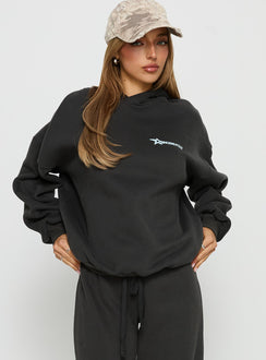front view of model wearing Princess Polly Princess Polly Stargirl Hoodie Charcoal Longline Jumpers Jumpers 