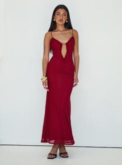 back view of model wearing Princess Polly Capisce Maxi Dress Red Plunger 