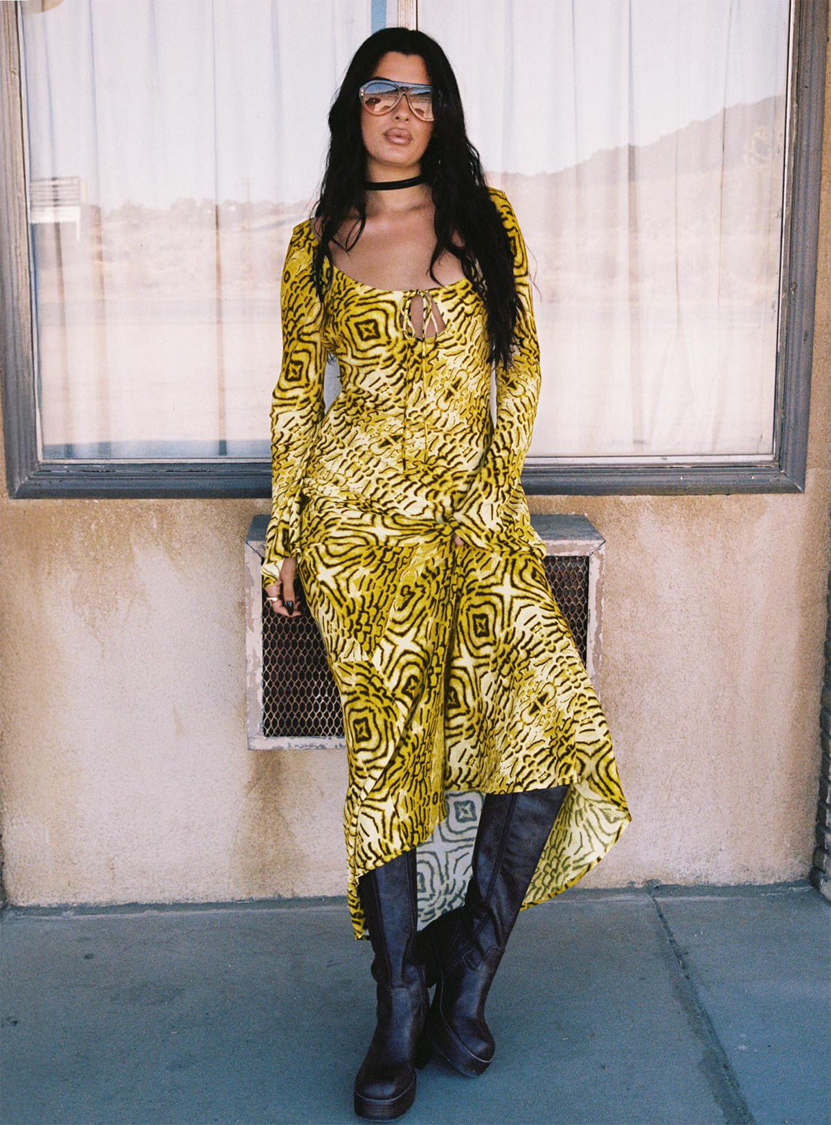 front view of model wearing Princess Polly Setting Sun Long Sleeve Maxi Dress Yellow / Black Scoop Neck 