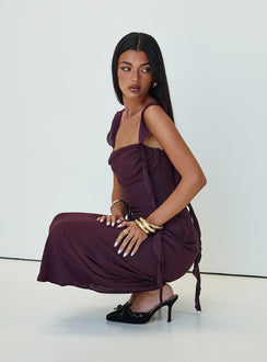 side view of model wearing Princess Polly Lanai Maxi Dress Plum Petite Square Neck 