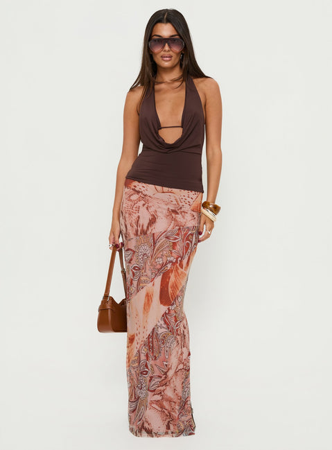   side view of model wearing Princess Polly Dorella Spliced Maxi Skirt Pink Multi 