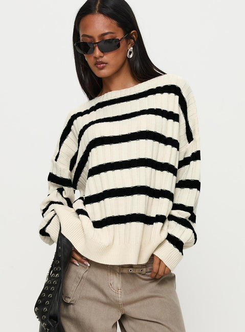 back view of model wearing Princess Polly Elenita Wide Neck Knit Sweater Black / White Long 