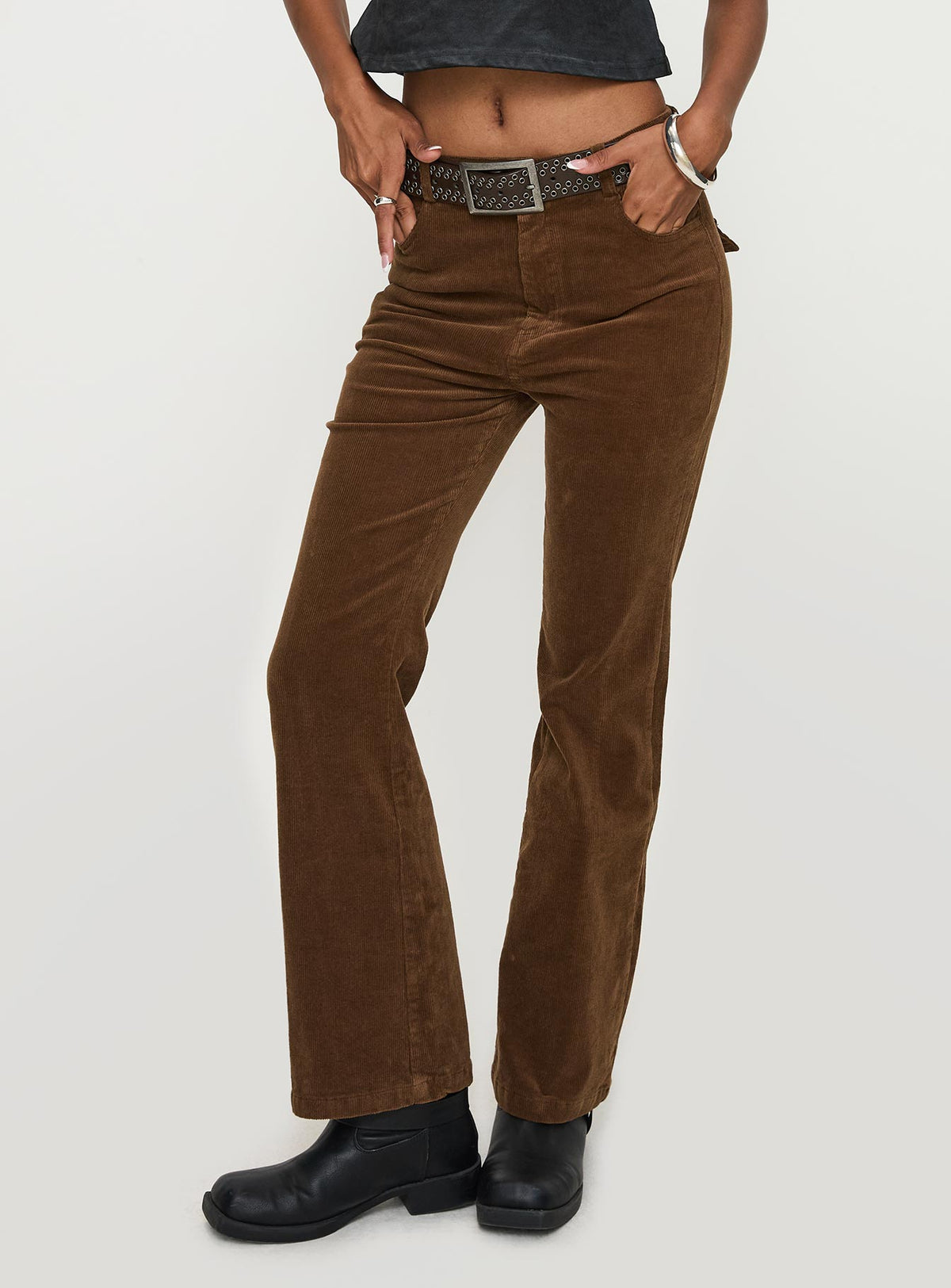 side view of model wearing Princess Polly Feature Pants Brown High Waisted Pants 