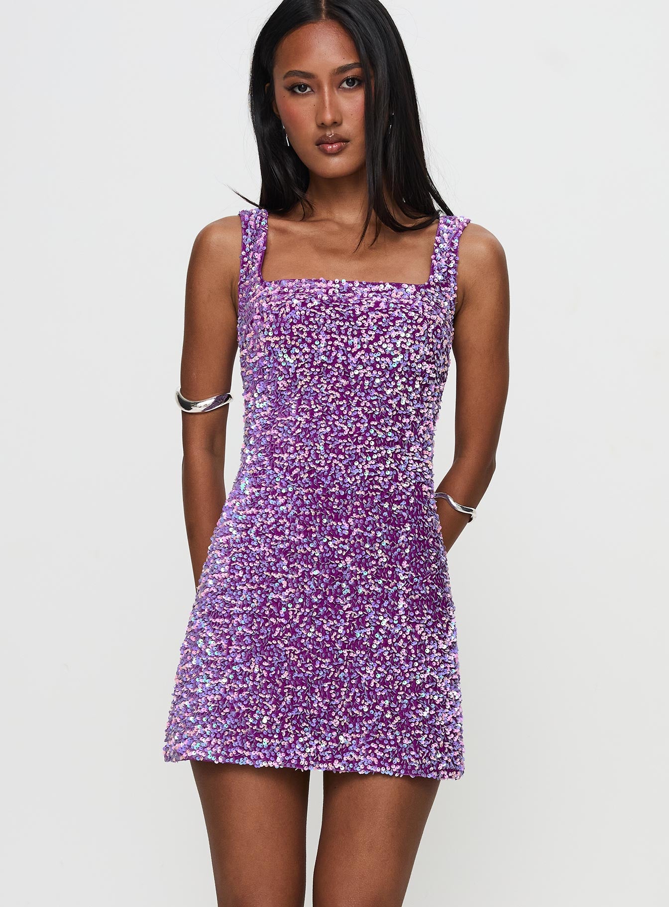 back view of model wearing Princess Polly Miss Me Sequin Mini Dress Purple Square Neck 