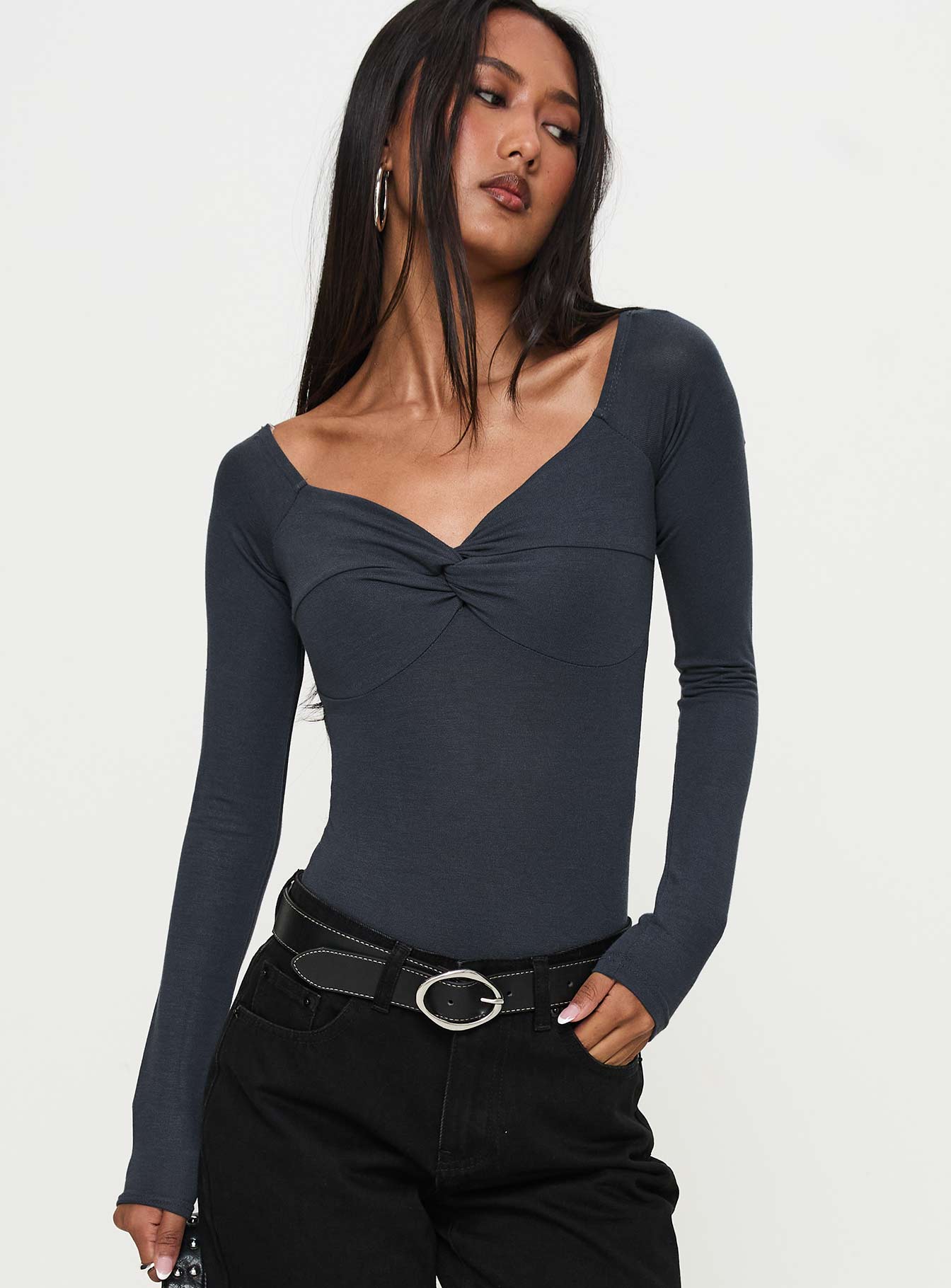 front view of model wearing Princess Polly Heart Mend Long Sleeve Off The Shoulder Bodysuit Blue Long Sleeve Tops 