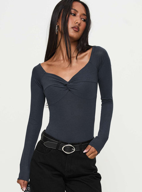 front view of model wearing Princess Polly Heart Mend Long Sleeve Off The Shoulder Bodysuit Blue Long Sleeve Tops 