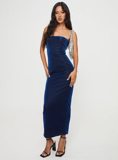 front view of model wearing Princess Polly Samper Strapless Maxi Dress Navy Lower Impact Straight Neck 