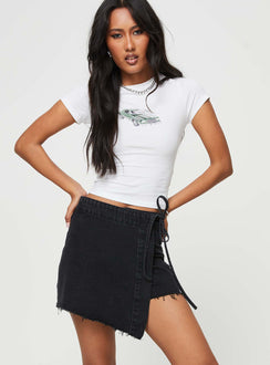 front view of model wearing Princess Polly Alrita Denim Skort Washed Black High Waisted Shorts 