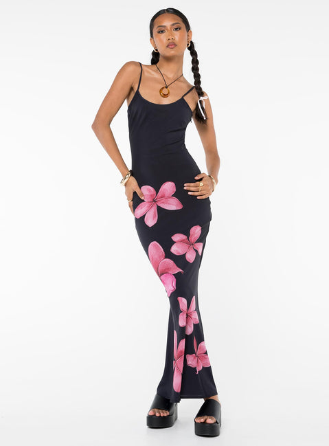 front view of model wearing Princess Polly Katrine Flower Maxi Dress Black Scoop Neck 