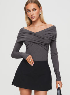 front view of model wearing Princess Polly Sundlow Off Shoulder Bodysuit Slate Long Sleeve Tops 