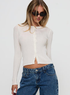 back view of model wearing Princess Polly Cowrie Long Sleeve Button Up Top White Full Sleeves Crew Neck 