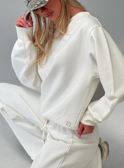back view of model wearing Princess Polly Wellness Off The Shoulder Jumper Washed White 