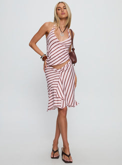   side view of model wearing Princess Polly Esmeray Midi Skirt Pink Stripe 