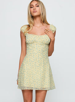 side view of model wearing Princess Polly Seyani Mini Dress Yellow Sweetheart Neckline 