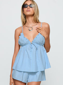 front view of model wearing Princess Polly Abigayle Top Blue Stripe Sleeveless Plunger 
