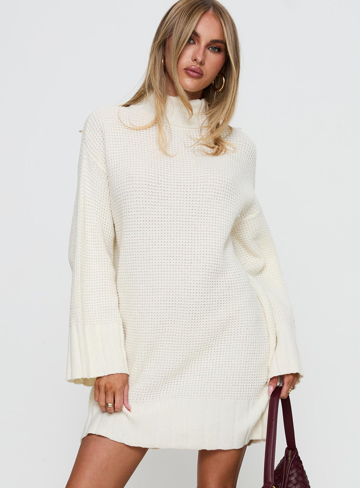 front view of model wearing Princess Polly Tarin Knit Mini Dress Cream High Neck 
