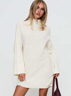 front view of model wearing Princess Polly Tarin Knit Mini Dress Cream High Neck 