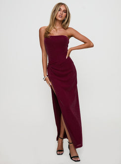 front view of model wearing Princess Polly Jeniva Straplesss Maxi Dress Plum Straight Neck 