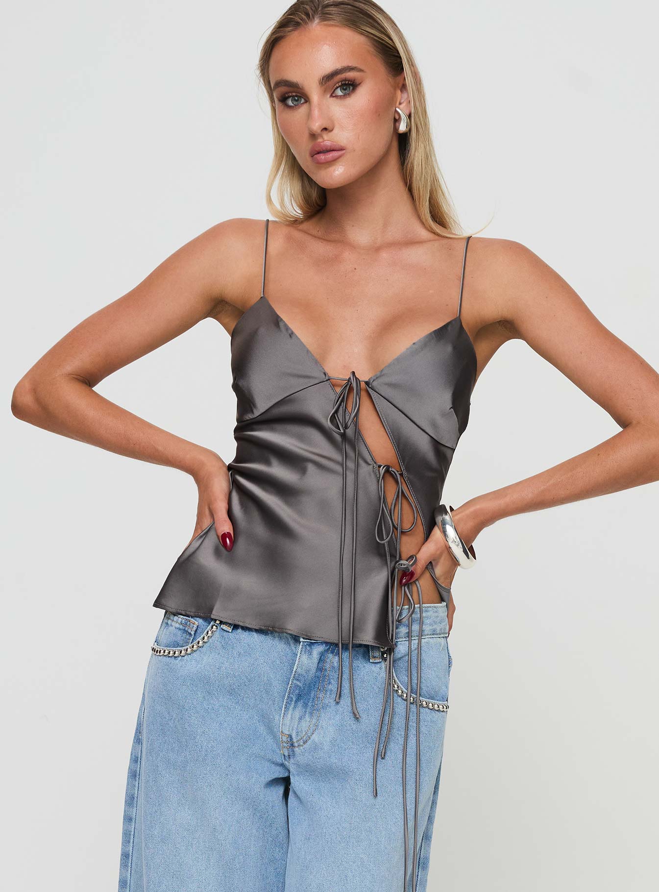 front view of model wearing Princess Polly Mariah Top Grey Sleeveless Plunger 