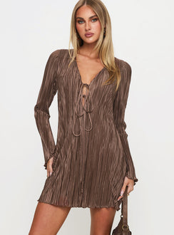 front view of model wearing Princess Polly Malop Long Sleeve Mini Dress Chocolate Petite V-Neck 