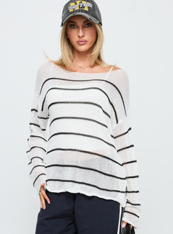 back view of model wearing Princess Polly Alperton Knit Sweater Cream Stripe Long 