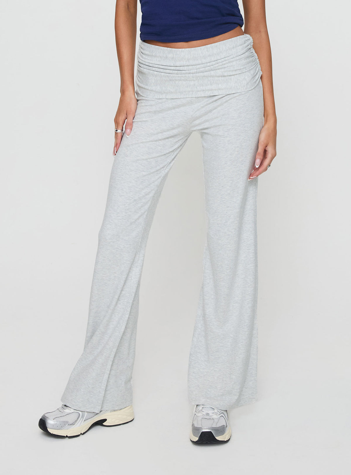 back view of model wearing Princess Polly Aire Ruched Pants Grey High Waisted Pants 